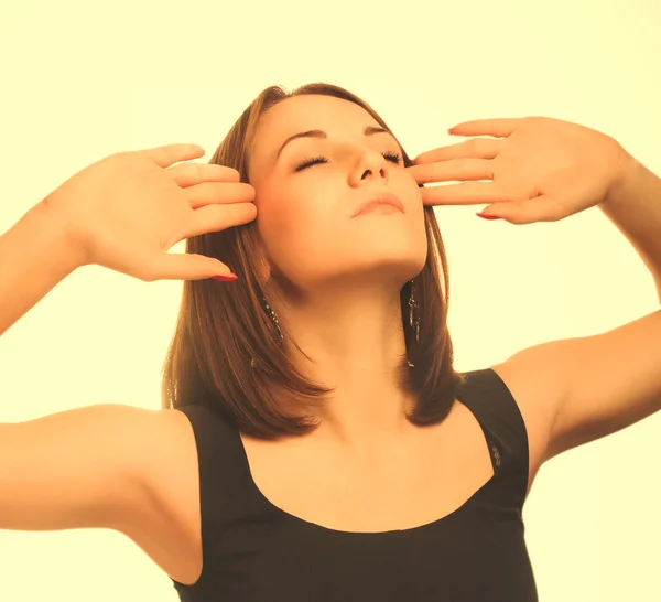 Young portrait tired woman in pain stress headache, holding his — Stock Photo, Image