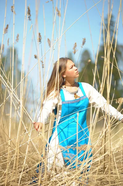Девушка в синем сарафане в поле высокой сухой травы — стоковое фото