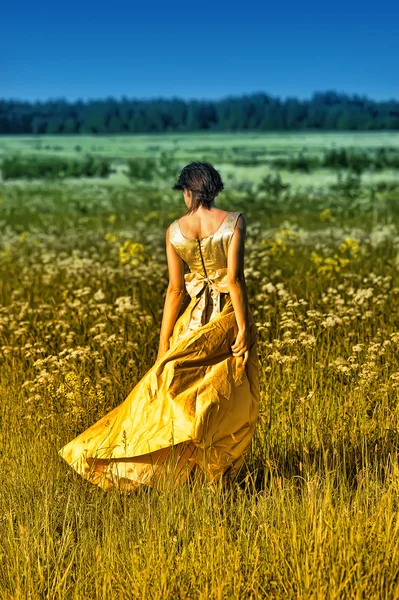 Jovem mulher em um vestido retro no campo — Fotografia de Stock