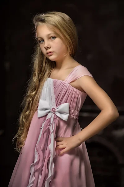 Vacker ung blond flicka med långt hår i en rosa prinsessa klänning. — Stockfoto