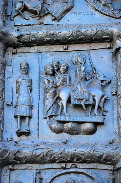 Fragment of bronze doors of St. Sophia Cathedral. Veliky Novgorod Stock Picture