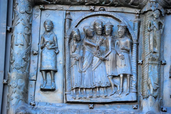 Fragment of bronze doors of St. Sophia Cathedral. Veliky Novgorod Stock Photo