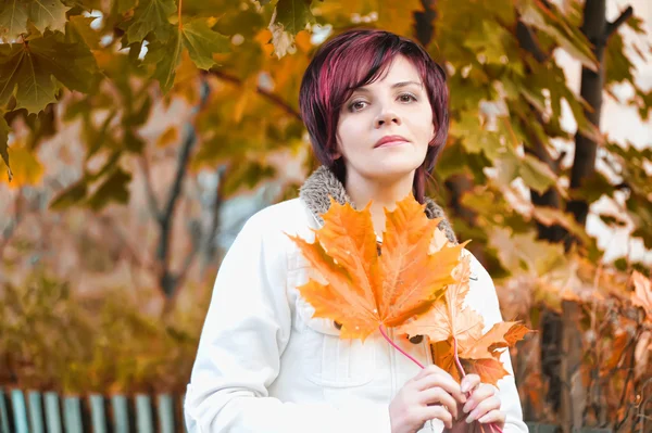 Young woman with autumn leaves — Stock Photo, Image