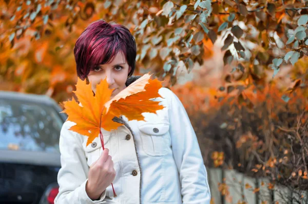 가을 잎을 가진 젊은 여자 — 스톡 사진