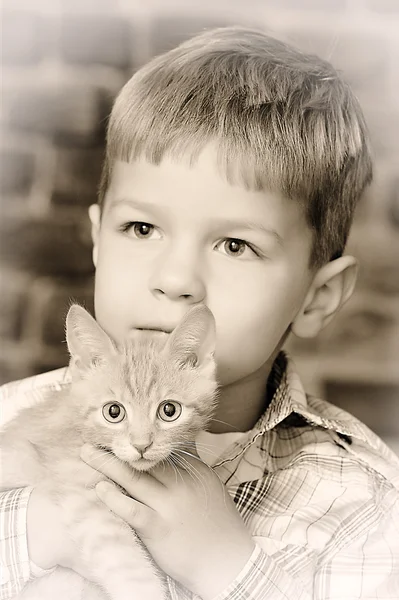 Niño con un gatito pequeño — Foto de Stock