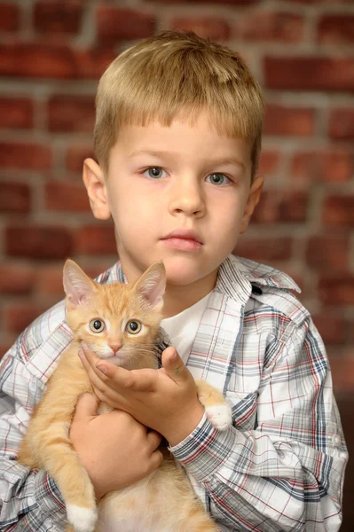 Chlapec s malé kotě — Stock fotografie