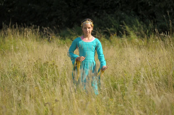 Menina em vestido medieval em um campo de grama — Fotografia de Stock