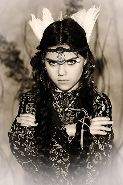 クローズ アップ羽ヘッド アクセサリーとアメリカインディアンの少女の肖像画 — ストック写真