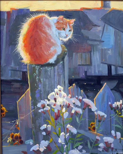 Pintura de um gato em uma cerca — Fotografia de Stock