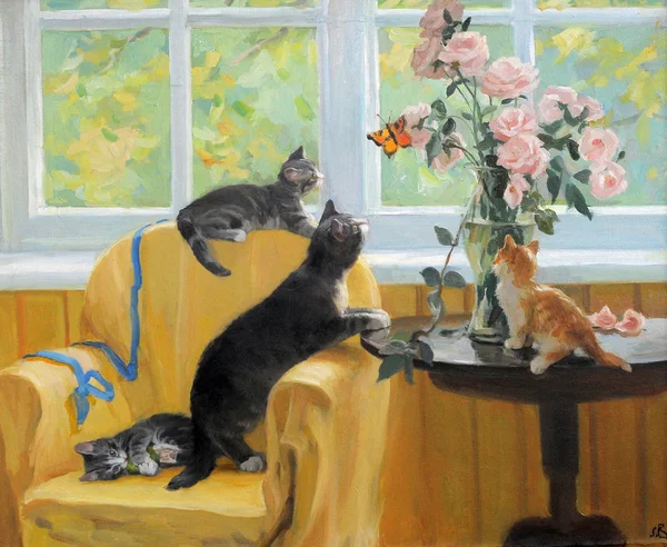 Pintura de gato com um vaso de flores — Fotografia de Stock