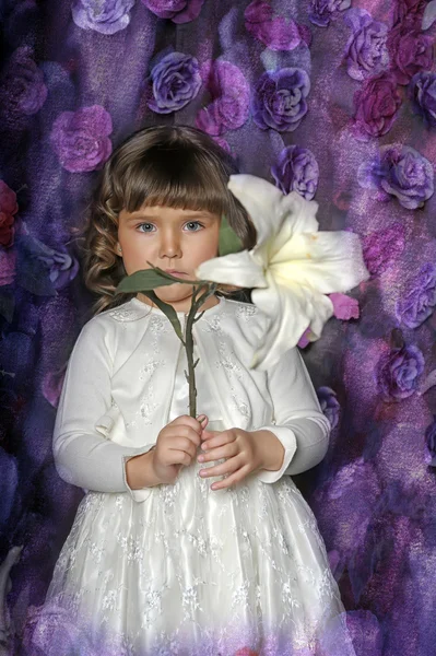 Pretty little girl on floral background — Stock Photo, Image