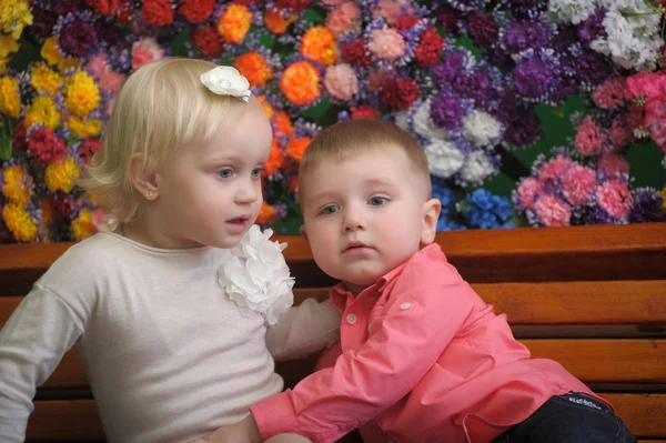 Bambini su una panchina con fiori sullo sfondo — Foto Stock