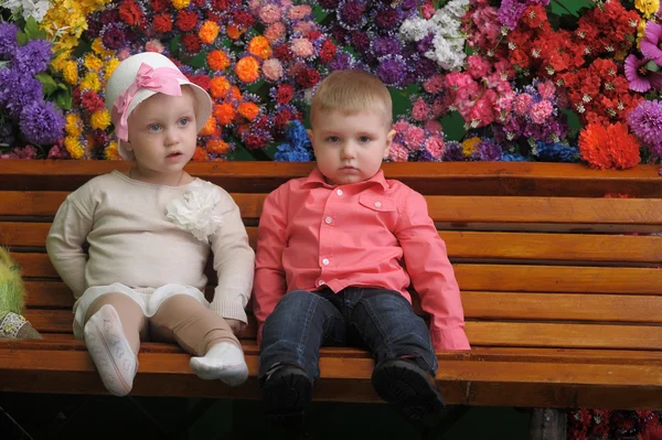 儿童用鲜花在背景中的长凳上， — 图库照片