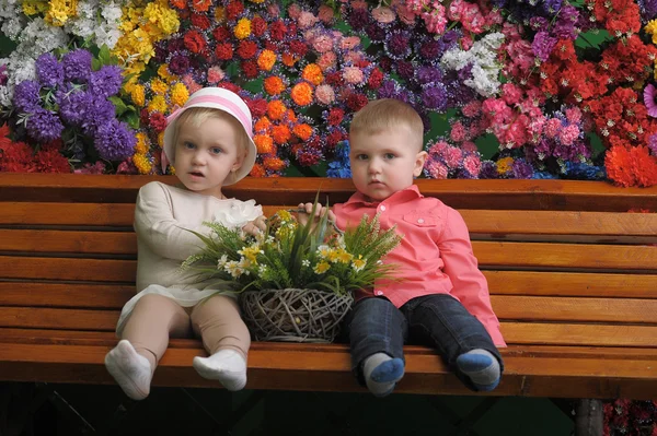 Children on a bench with flowers in the background — Stock Photo, Image