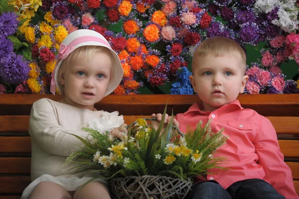 Дети на скамейке с цветами на заднем плане — стоковое фото