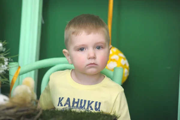 Kleine jongen met kip — Stockfoto