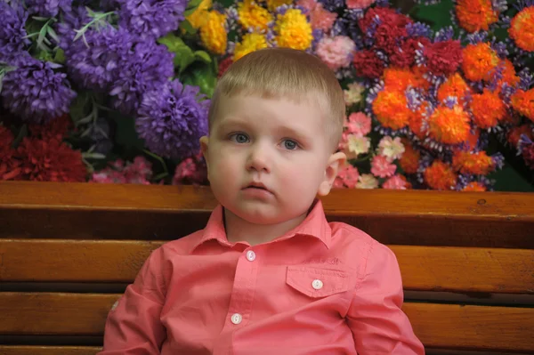 Niño cerca de los bancos con flores en el fondo — Foto de Stock