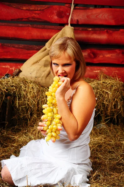 아름 다운 여자는 농장에 포즈의 사진 — 스톡 사진