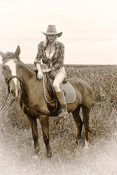 Sexy blonde with a horse — Stock Photo, Image