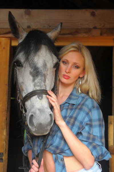 Σέξι ξανθιά με ένα άλογο — Φωτογραφία Αρχείου