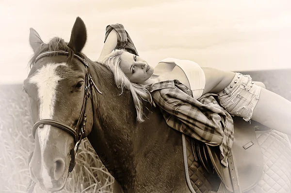 Sexy blonde with a horse — Stock Photo, Image