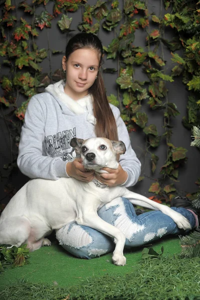 Fille avec un chien — Photo