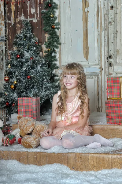 Liten flicka att vara glad om julklapp — Stockfoto