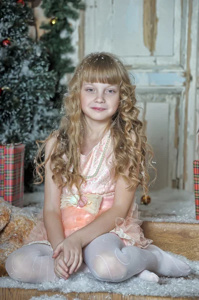 Liten flicka att vara glad om julklapp — Stockfoto