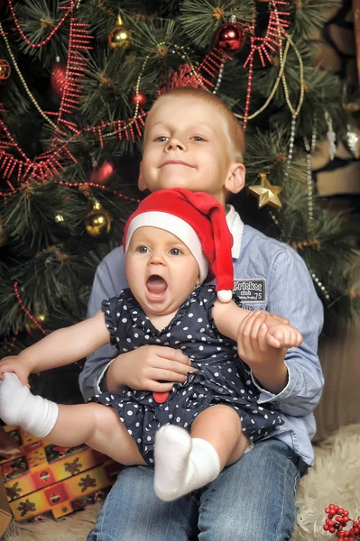 Broer en zus in de buurt van Spar-kerstboom — Stockfoto