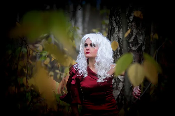 Schöne junge Frau im Bild der Hexe im Wald zu Halloween. — Stockfoto