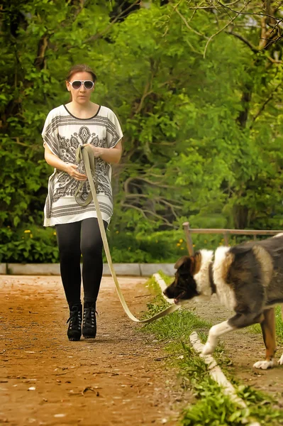Femme marchant avec son chien — Photo