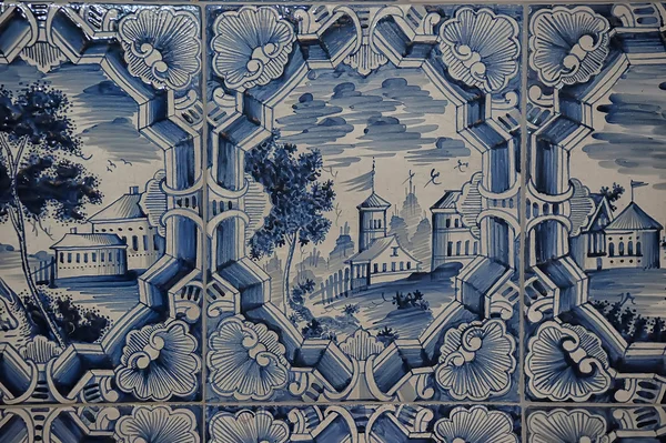 Blue white paintings on a tiled stove — Stock Photo, Image