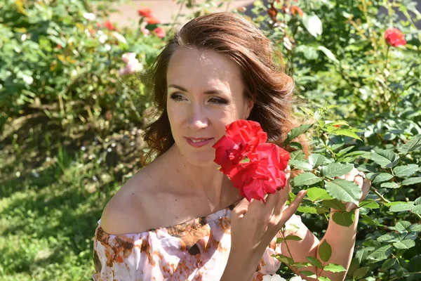 Morena Mujer Con Rosas Rojas Cerca Del Arbusto Retrato Del — Foto de Stock