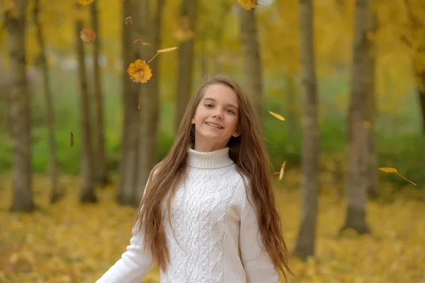 Young Girl Brunette Child White Sweater Autumn Park — Stock Photo, Image