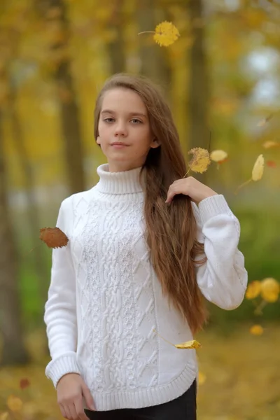 Jovem Menina Morena Criança Suéter Branco Outono Parque — Fotografia de Stock