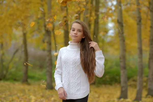 公園で秋に白いセーターを着た若い女の子のブルネットの子供 — ストック写真