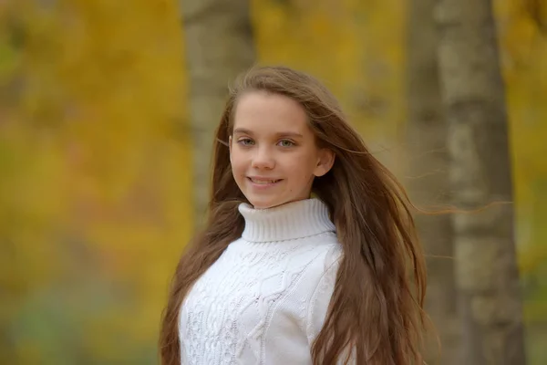 Молода Дівчина Брюнетка Дитина Білому Светрі Восени Парку — стокове фото