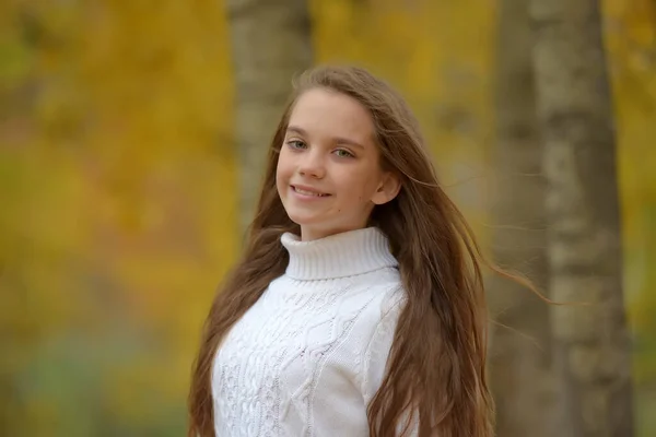 Young Girl Brunette Child White Sweater Autumn Park — Stock Photo, Image