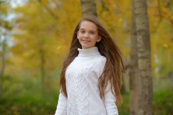公园里穿着白色毛衣的小女孩黑发 — 图库照片