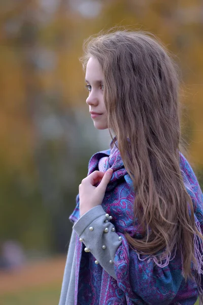 Jeune Fille Brune Automne Dans Parc Avec Une Écharpe Sur — Photo