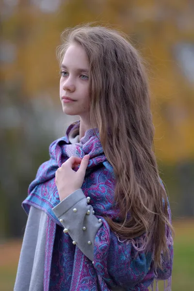 Молода Дівчина Брюнетка Восени Парку Шарфі Плечах — стокове фото