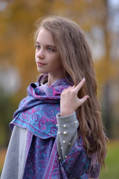 Young Brunette Girl Autumn Park Scarf Her Shoulders — Stock Photo, Image