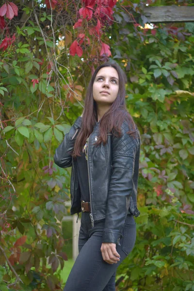 Brünettes Mädchen Schwarzer Lederjacke Und Schwarzer Jeans Einem Herbstpark — Stockfoto