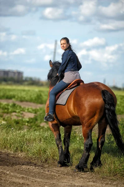 Summer Teenager Girl Horse Field — Stock Photo, Image