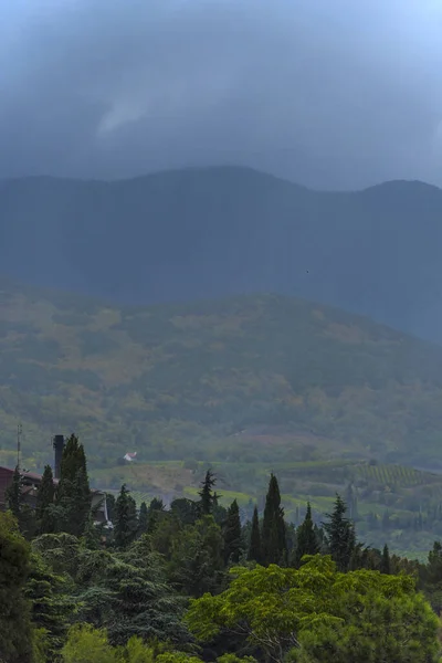 Panorama Hor Silueta Horských Hřebenů Jehličnatých Stromů Pozadí Barevné Oblohy — Stock fotografie