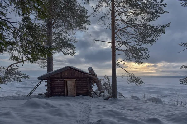 Trähus Och Tallar Vid Sjön Vintern — Stockfoto