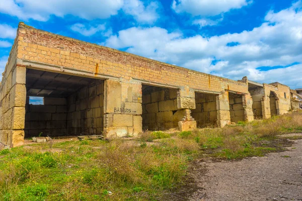 Abandoned Broken Buildings Made Concrete Blocks Hangars — 图库照片