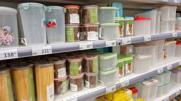 Russia Petersburg 2021 Plastic Containers Sale Supermarket — Stock Photo, Image