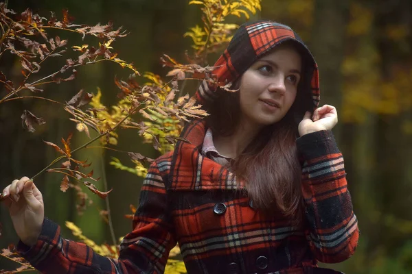 Brunetka Dívka Kostkovaném Kabátě Podzimním Parku — Stock fotografie