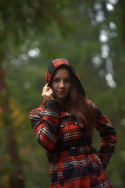 Barna Lány Kockás Kabátban Őszi Parkban — Stock Fotó